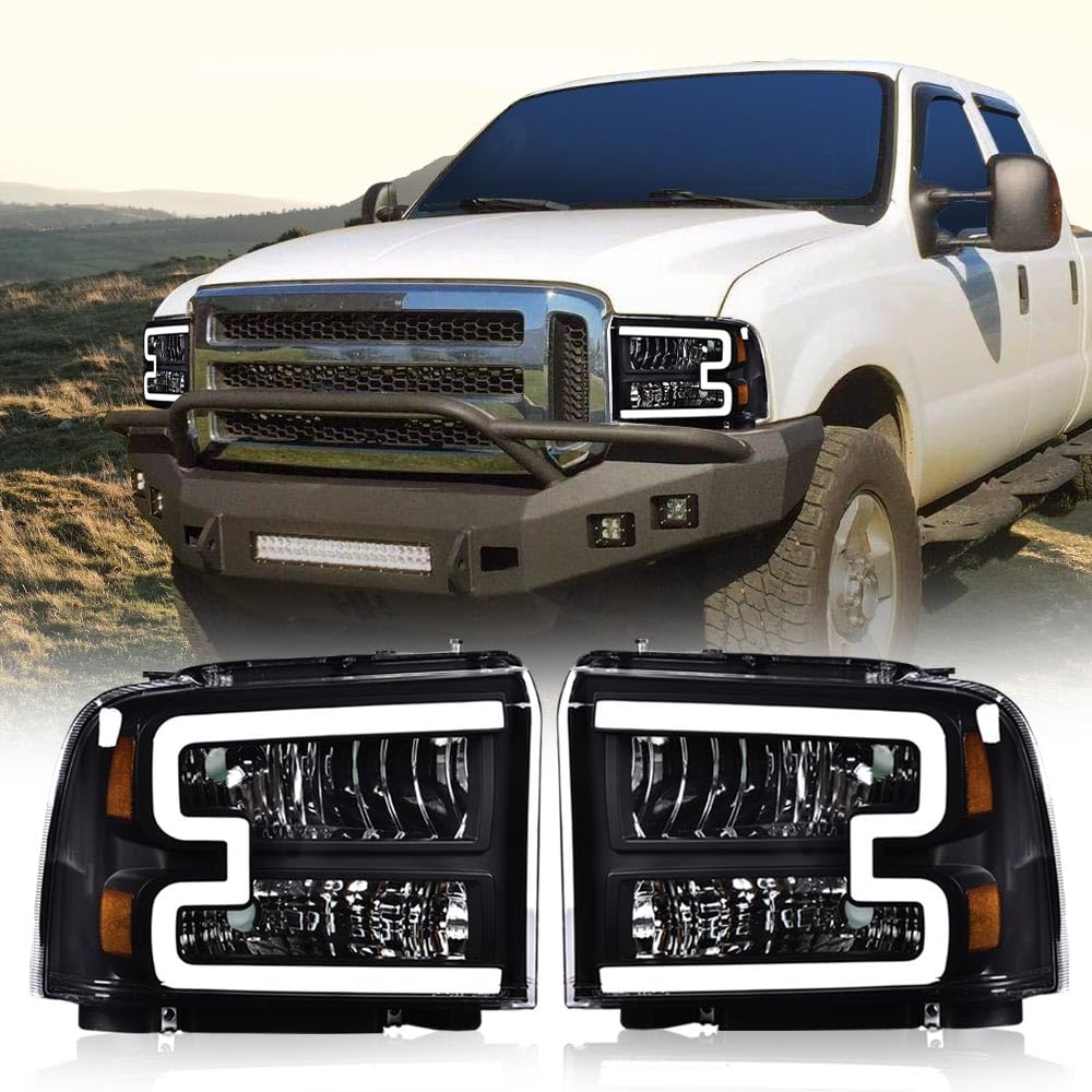 G-PLUS LED Headlights Compatible with Ford F250 F350 F450 F550 Super Duty 2005-2007 DRL BAR Headlamps Clear Lens Black Housing Amber Reflector,faros delanteros