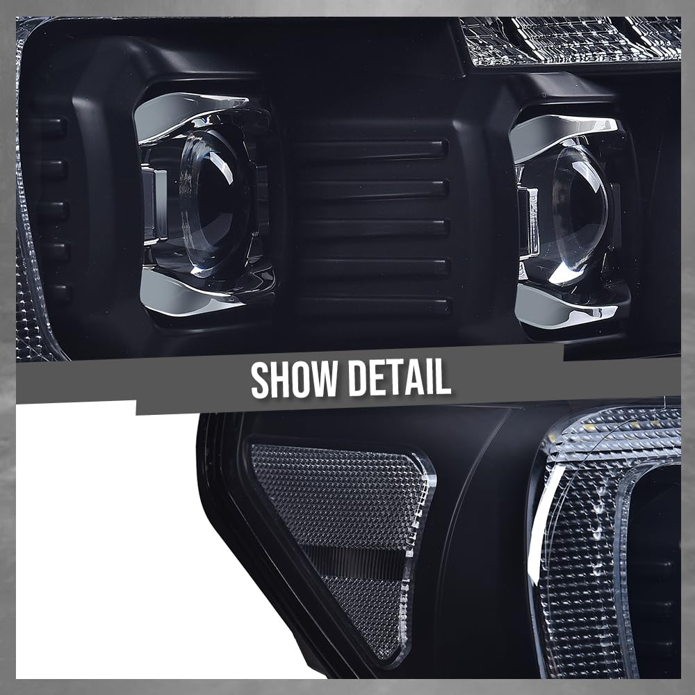 G-PLUS LED Tube Headlights Projector Assembly Compatible with Toyota Tundra 2007-2013, Fit Toyota Sequoia 2008-2017 Left & Right Headlamps, Smoky Lens Black Housing Clear Reflector, TO2502171