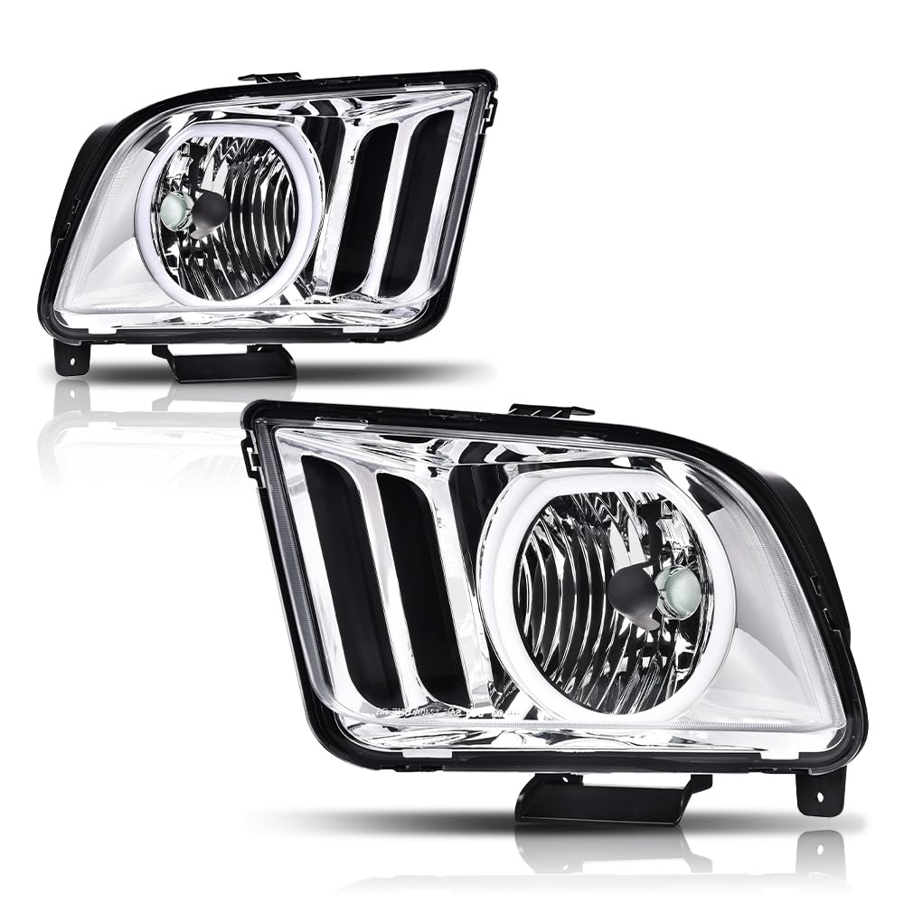 G-PLUS LED Headlights Assembly Compatible with Ford Mustang 2005-2009 7R3Z13008D, 7R3Z13008C Bumper Headlamps Left & Right Clear Lens Chrome Housing Amber Reflector faros delanteros