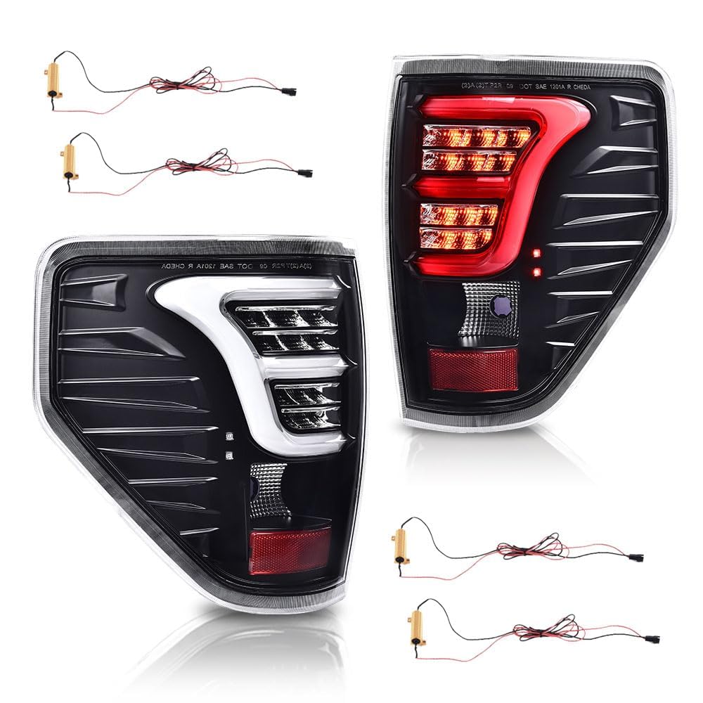 G-PLUS Tail Lights w/Wiring Harness Compatible with Ford F150 2009-2014 Only Fit LED Style, Left Driver & Right Passenger Clear lens Black Housing Rear Brake Lamps Luces Traseras, Faros Traseros