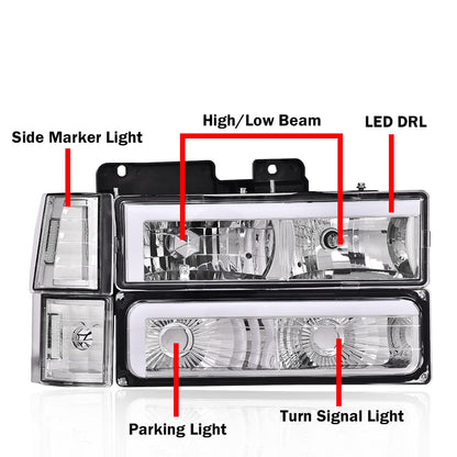 G-PLUS LED DRL headlights, Compatible with 1994 1995 1996 1997 1998 1999 GMC C1500 K1500 Yukon bumper Headlamp, Clear lens Chrome Housing Clear Reflector