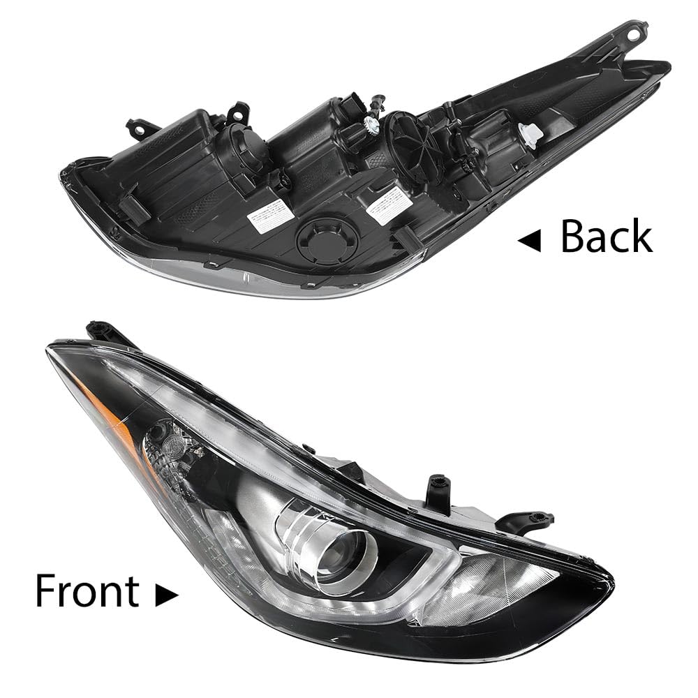 G-PLUS Headlight DRL LED Projector Right Passenger Compatible with Hyundai Elantra 2014-2016 Clear Lens Black Housing Amber Reflector Bumper Headlamps,faros delanteros