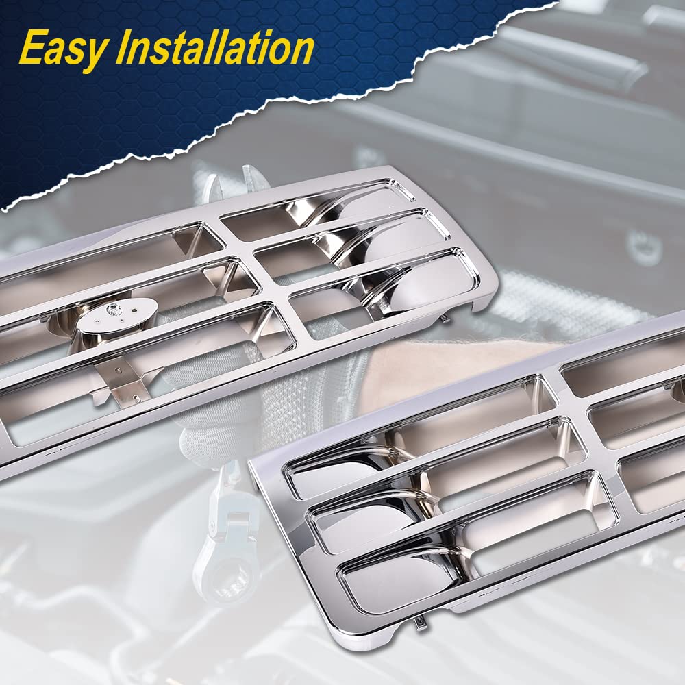 G-PLUS Front Grille Compatible with 1992-1996 Bronco/1992-1997 Ford F150 F250 F350 Chrom Plastic Truck Replacement