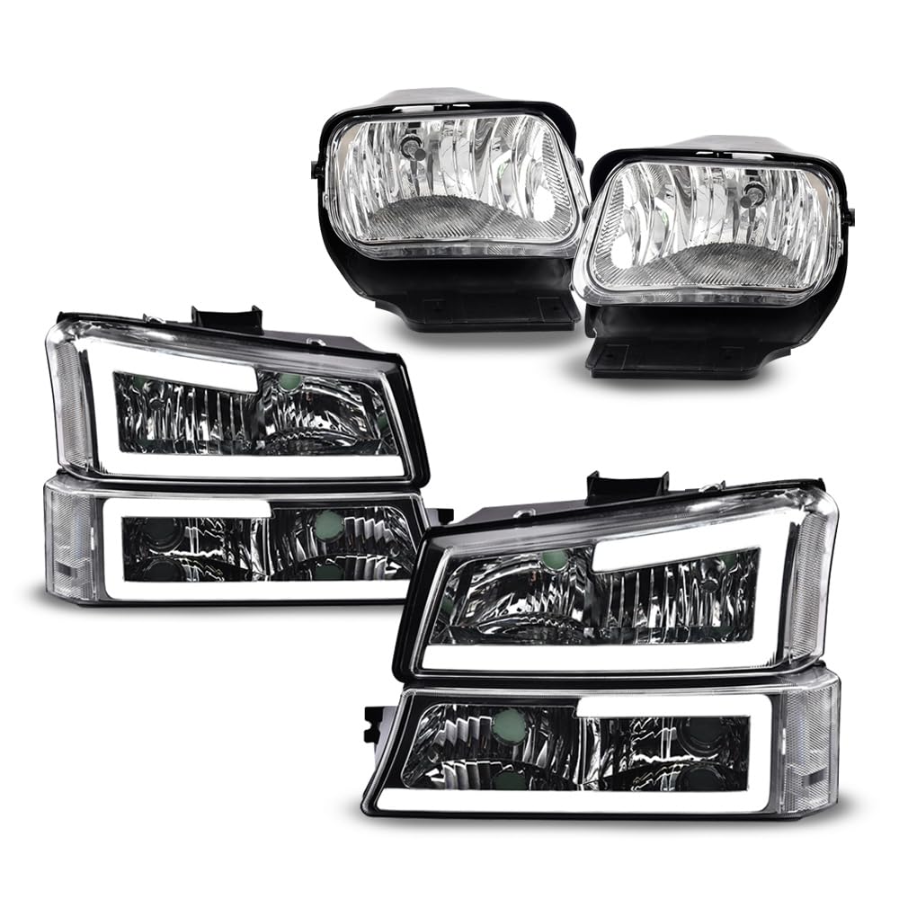 G-PLUS LED Left and Right DRL Headlights Assembly & Fog Lights Compatible with Chevy Silverado/Avalanche 2003-2006 (Clear lens Chrome Housing Clear Reflector Headlight + Fog Lights)