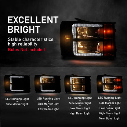 G-PLUS LED DRL Headlights Assembly Compatible with GMC Sierra 1500 2007-2013/Fit GMC Sierra 2500 HD 3500 HD 2007-2014 Headlamps Left & Right Clear Lens Black Housing Clear Reflector,faros delanteros