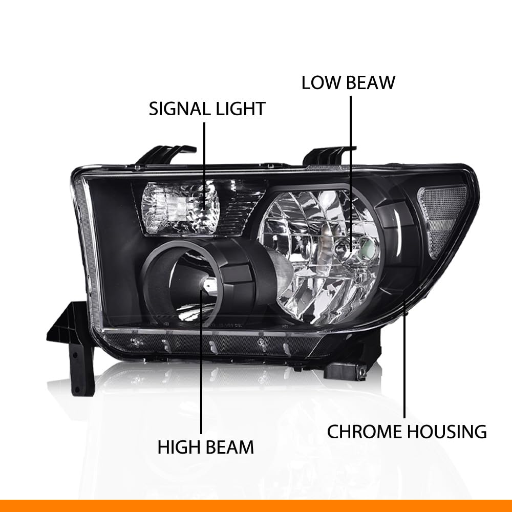 G-PLUS Headlights Compatible with Toyota Tundra 2007-2013/Compatible with Toyota Sequoia 2008-2017 Headlamps Pair Halogen Clear Lens Black Housing Clear Reflector,faros delanteros