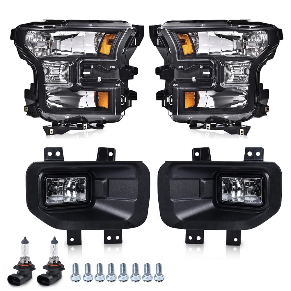 G-PLUS Headlights & Fog Lights Assembly Fit Ford F150 2015-2017 Headlamps Clear lens Black Housing Amber Reflector
