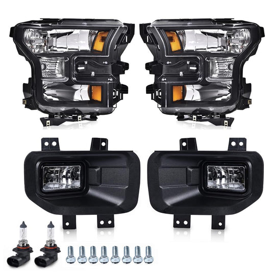 G-PLUS Headlights & Fog Lights Assembly Fit Ford F150 2015-2017 Headlamps Clear lens Black Housing Amber Reflector