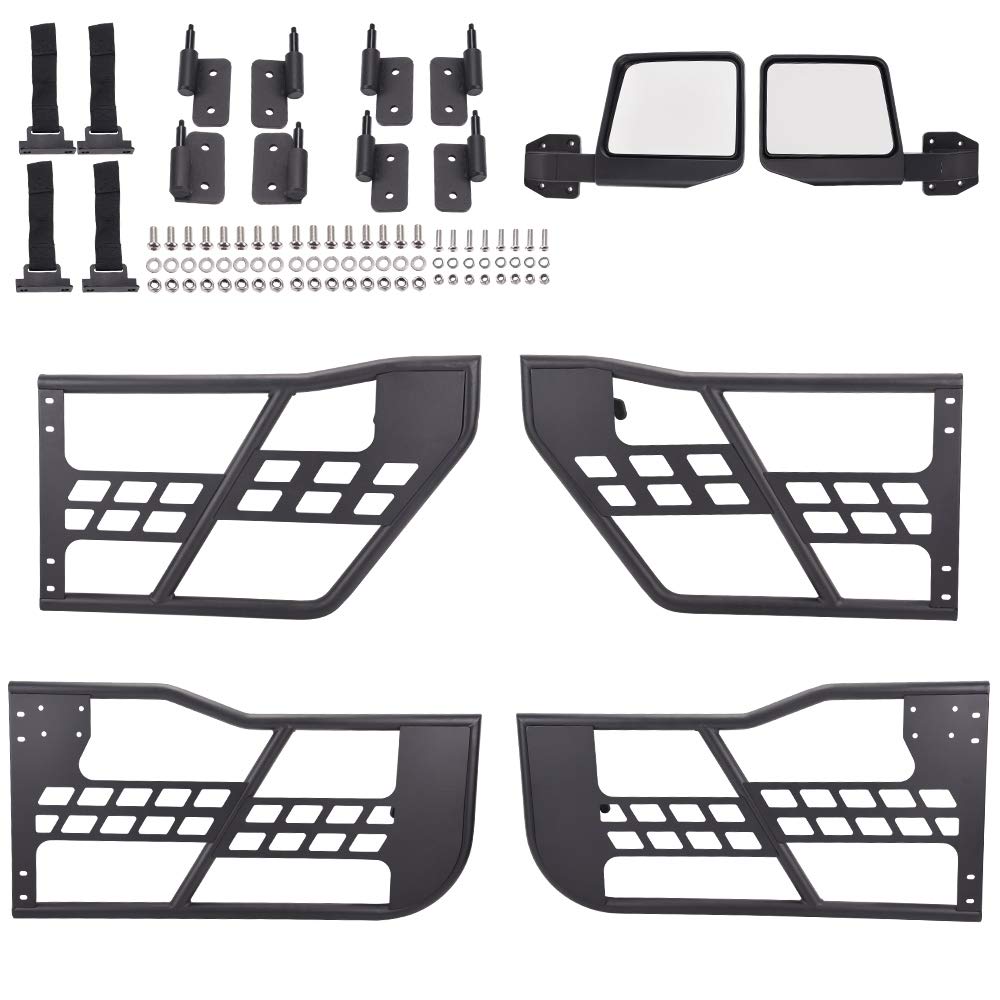 G-PLUS Tubular Doors Compatible with Jeep Wrangler 2007-2018 JK Unlimited 4 Door Steel Textured Black Front & Rear Tube Doors with Side View Mirrors & Mounting Hardware
