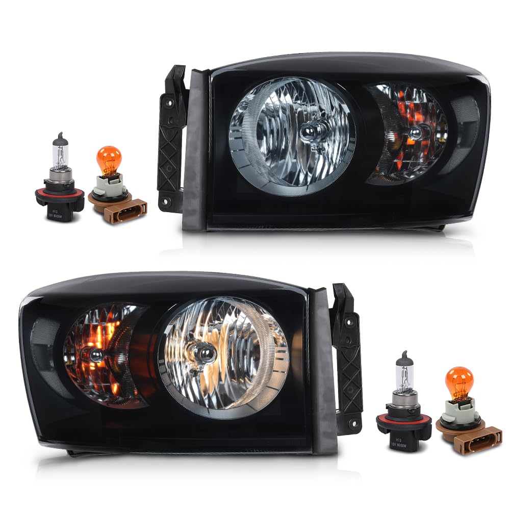 G-PLUS Headlight Assembly Front Headlamp Left&Right Side Compatible with Dodge Ram 1500 2006-2008/Fit Dodge Ram 2500 3500 2006-2009 Smoke Lens Black Housing Clear Reflector 68003125AD 68003124AD