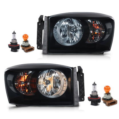 G-PLUS Headlight Assembly Front Headlamp Left&Right Side Compatible with Dodge Ram 1500 2006-2008/Fit Dodge Ram 2500 3500 2006-2009 Smoke Lens Black Housing Clear Reflector 68003125AD 68003124AD