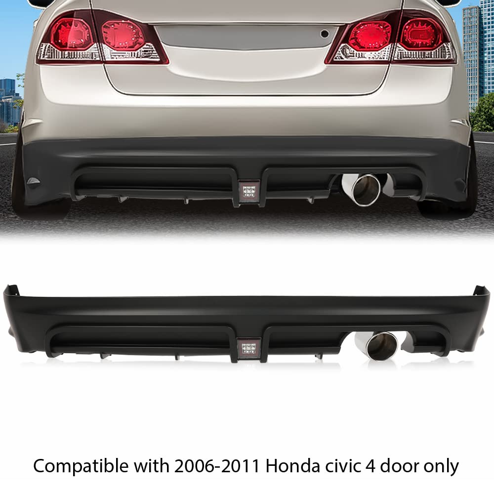 G-PLUS Rear Bumper Spoiler + LED 3RD Brake Light + Muffler Tip Compatible with Honda Civic 4 door only 2006-2011 Mug RR Style Air Dam Chin Diffuser Mugen Rear Bumper Lip