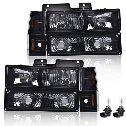 G-PLUS Headlights Assembly, HEADLIGHTS | Fit GMC C1500 K1500 Yukon 1994-1999 Bumper Headlamps, Smoky Lens Black Housing Amber Reflector