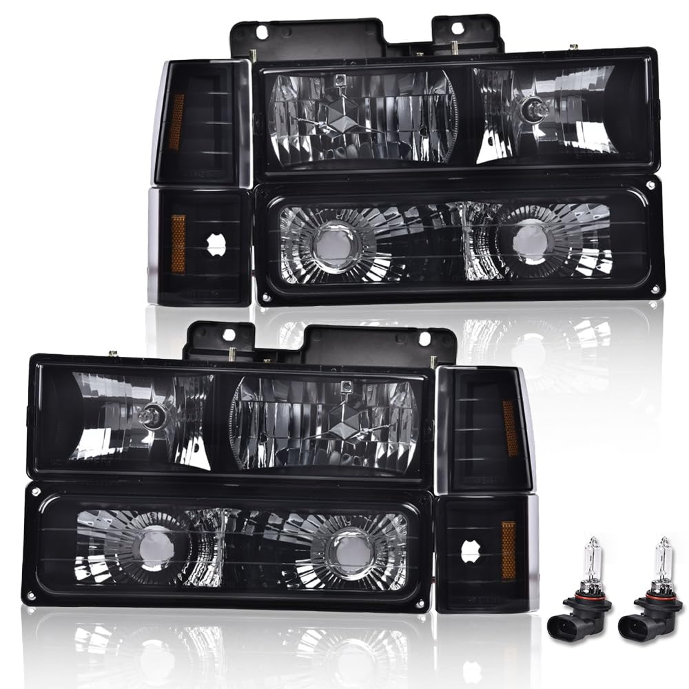 G-PLUS Headlights Assembly w/Bulbs Fit Chevy Suburban C1500 C2500 K1500 K2500 1994-1999, Fit GMC C2500 K2500 1994-2000, Left & Right Headlamps Assembly, Smoky Lens Black Housing Amber Reflector