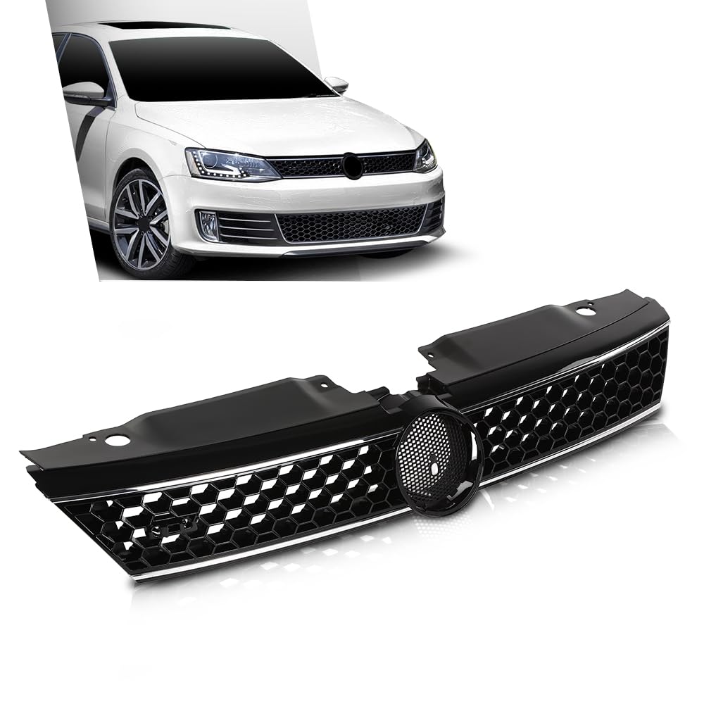 G-PLUS Front Upper Grille Grill Trim Gloss Black Honeycomb W/Chrome Trim Compatible with Volkswagen VW Jetta 2010-2014 5C6853653A