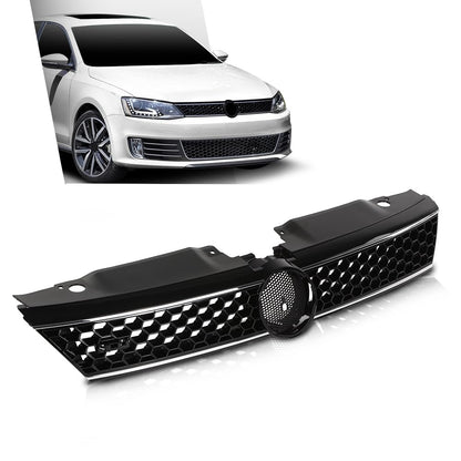 G-PLUS Front Upper Grille Grill Trim Gloss Black Honeycomb W/Chrome Trim Compatible with Volkswagen VW Jetta 2010-2014 5C6853653A
