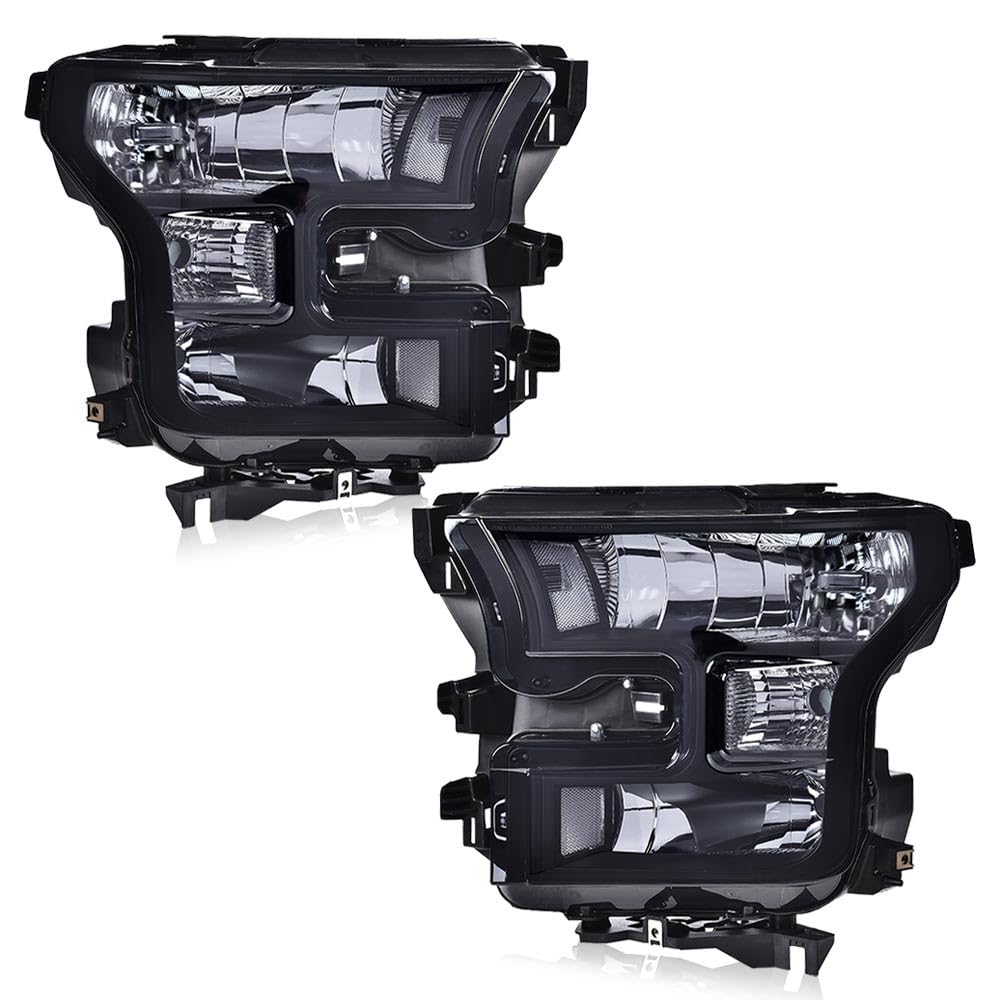 G-PLUS Fog Lights & Headlights Assembly w/o Bulbs Compatible with 2015-2017 Ford F150 Not Fit Models with LED or HID Headlamps(Smoky Cover Black Frame White Reflector Headlights + Fog Lamps)
