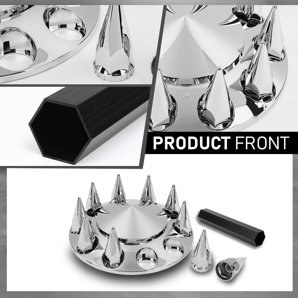 G-PLUS Front Wheel Covers Set Chrome Hub Cover 33mm Spiked Hub Axle Compatible with Semi-Truck 20",22.5" and 24.5" Wheels ABS Plastic Silver Pair
