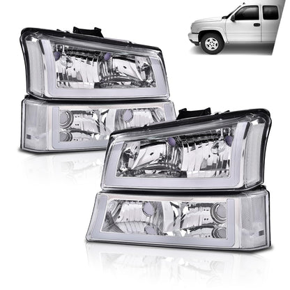 G-PLUS LED DRL Headlights, Compatible with 2003 2004 2005 2006 Chevy Silverado 1500/1500 HD/2500 HD/3500 Bumper Headlamps, Clear Lens Chrome Housing Clear Reflector
