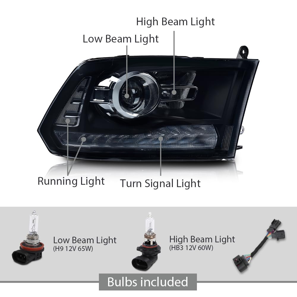 G-PLUS LED Projector Headlights Assembly,Compatible with 2009-2012 Dodge Ram 1500 2500 3500,Headlight Bar Plank Style Smoke Lens Black Housing Clear Reflector,Front Headlamp Left Right Pair