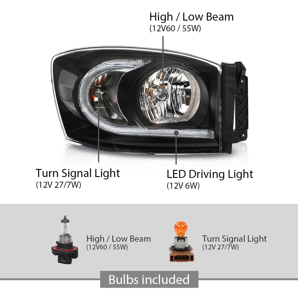 G-PLUS LED Headlights Assembly Front Headlamps Pair Set Compatible with Dodge Ram 1500 2006-2008,Compatible with Dodge Ram 2500 3500 2006-2009 Clear Lens Black Housing Clear Reflector,faros delanteros