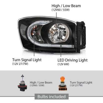 G-PLUS LED Headlights Assembly Front Headlamps Pair Set Compatible with Dodge Ram 1500 2006-2008,Compatible with Dodge Ram 2500 3500 2006-2009 Clear Lens Black Housing Clear Reflector,faros delanteros
