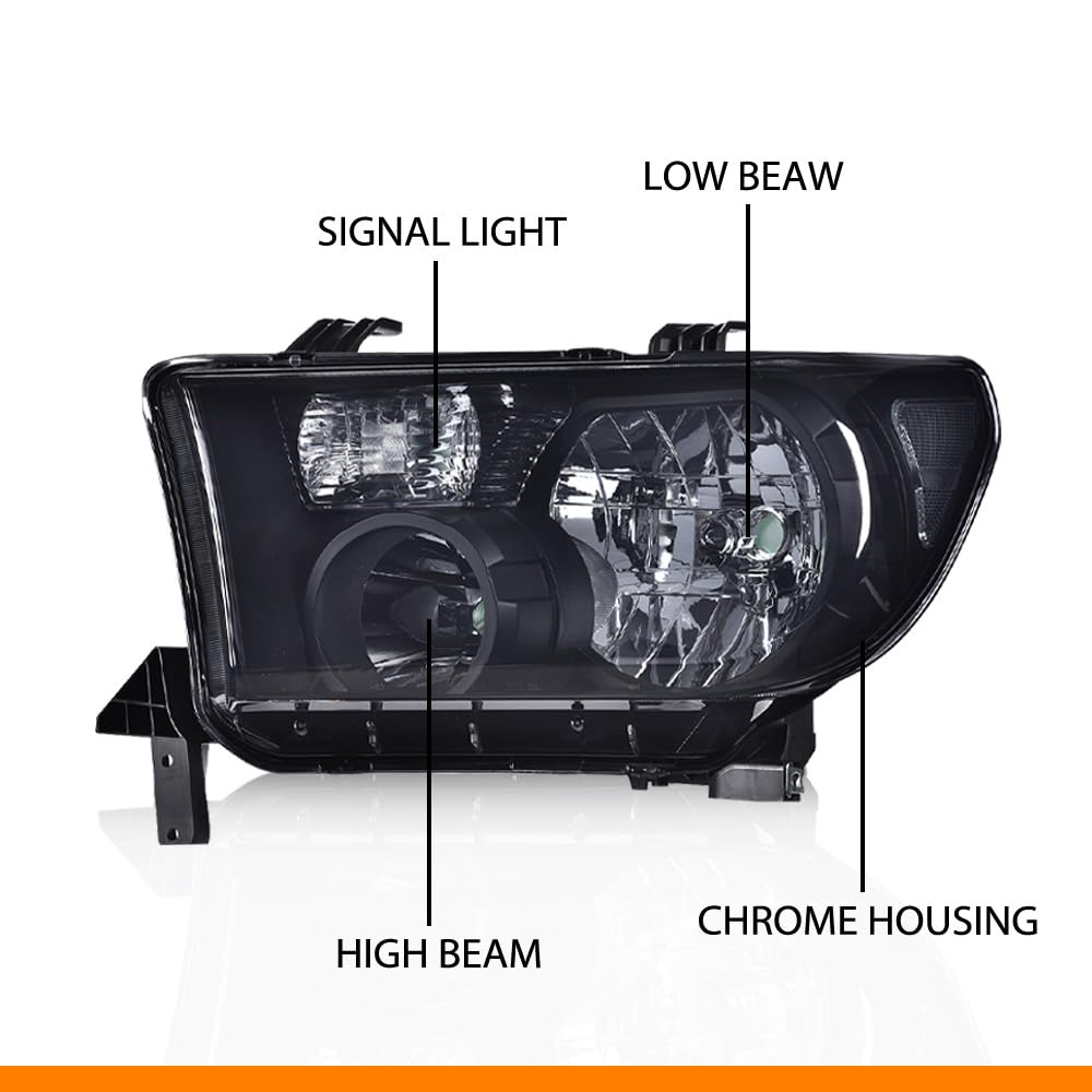 G-PLUS Headlights Assembly, Compatible with Toyota Tundra 2007-2013/Fit Toyota Sequoia 2008-2017 Bumper Headlamps, Smoky Lens Black Housing Clear Reflector,faros delanteros