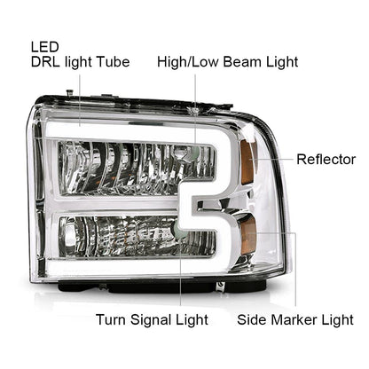 G-PLUS LED Headlights Compatible with Ford F250 F350 F450 F550 Super Duty 2005-2007 DRL BAR Headlamps Clear Lens Chrome Housing Amber Reflector,faros delanteros