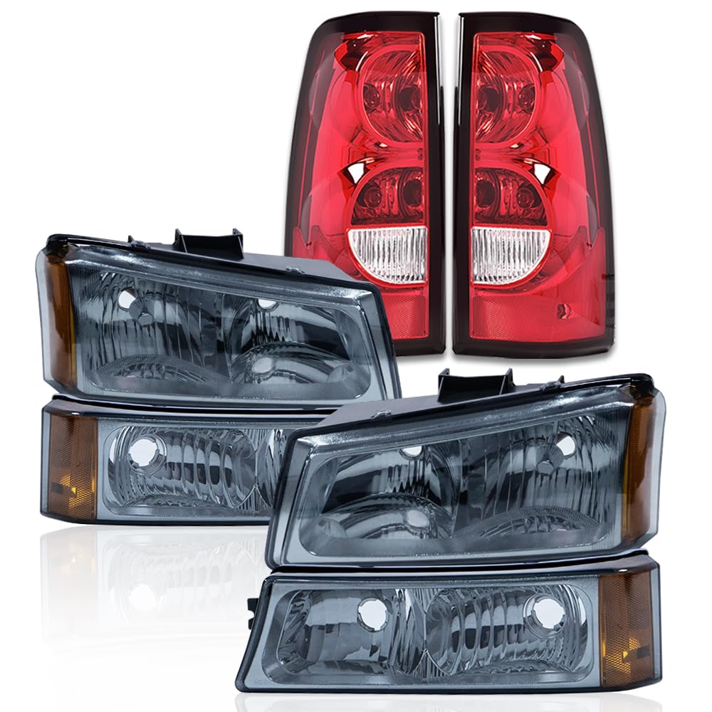 G-PLUS Headlights Assembly & Tail Lights Fit Chevy Silverado 1500 1500 HD 2500 2500 HD 2003-2006, Smoky Lens Chrome Housing Amber Reflector Headlamps Assembly Red Taillights