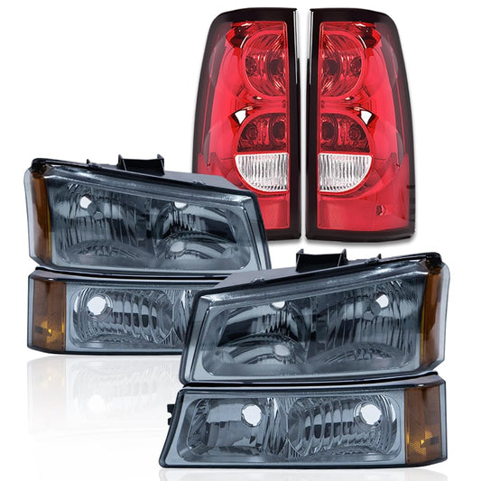 G-PLUS Headlights Assembly & Tail Lights Fit Chevy Silverado 1500 1500 HD 2500 2500 HD 2003-2006, Smoky Lens Chrome Housing Amber Reflector Headlamps Assembly Red Taillights