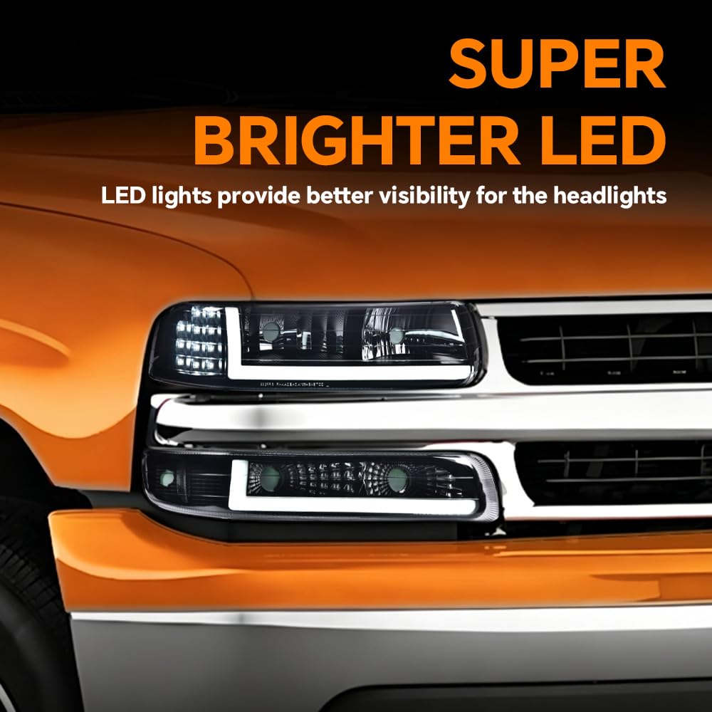 G-PLUS LED DRL Headlights, Compatible with Compatible with Chevy Silverado 1999-2002/ Fit Chevy Tahoe Suburban 2000-2006 Bumper Headlamps, Smoky Lens Black Housing Clear Reflector