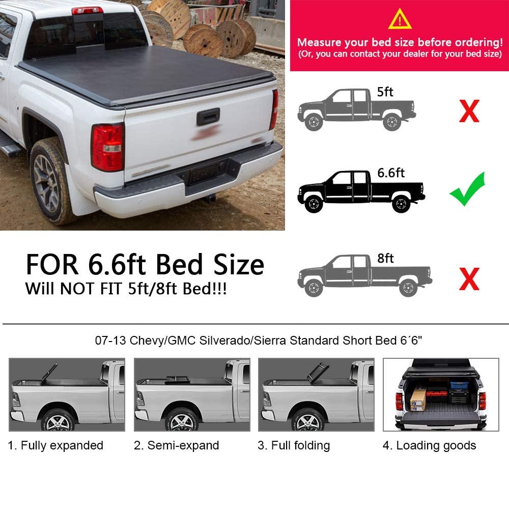 G-PLUS Black Soft Four Fold Truck Bed Tonneau Cover Compatible with 2007-2013 Chevy Silverado/GMC Sierra 1500 2500 HD | Fits 6.6' 6.6ft Bed
