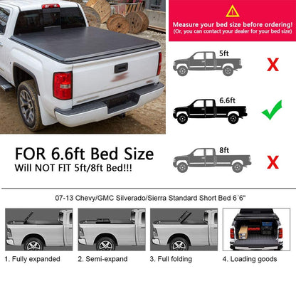 G-PLUS Black Soft Four Fold Truck Bed Tonneau Cover Compatible with 2007-2013 Chevy Silverado/GMC Sierra 1500 2500 HD | Fits 6.6' 6.6ft Bed