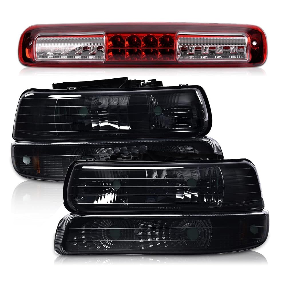 G-PLUS Left & Right Headlight & LED 3rd Third Brake Light Compatible with Chevy Silverado GMC Sierra 1500 2500HD 3500 1999-2006