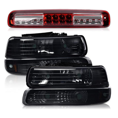 G-PLUS Left & Right Headlight & LED 3rd Third Brake Light Compatible with Chevy Silverado GMC Sierra 1500 2500HD 3500 1999-2006