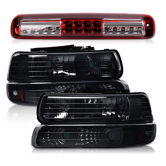 G-PLUS Left & Right Headlight & LED 3rd Third Brake Light Compatible with Chevy Silverado GMC Sierra 1500 2500HD 3500 1999-2006