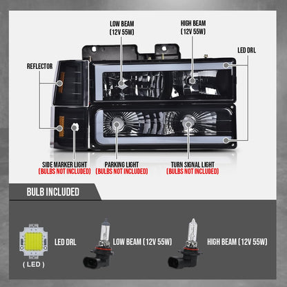 G-PLUS LED Headlights Assembly w/Bulbs Fit GMC C1500 K1500 Yukon 1994-1999, Fit GMC C2500 C3500 K2500 K3500 1994-2000, Left & Right Headlamps Assembly, Smoky Lens Black Housing Amber Reflector