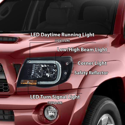 G-PLUS LED DRL Tube Halo Projector Headlights Assembly Front Headlamps Compatible with 2005-2011 Toyota Tacoma w/o Bulbs Left & Right Smoke Lens Black Housing Clear Reflector,faros delanteros