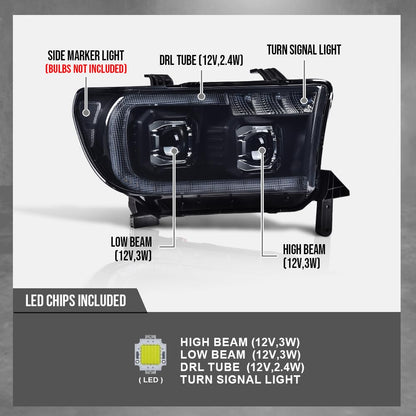 G-PLUS LED Tube Headlights Projector Assembly Compatible with Toyota Tundra 2007-2013, Fit Toyota Sequoia 2008-2017 Left & Right Headlamps, Smoky Lens Black Housing Clear Reflector, TO2502171