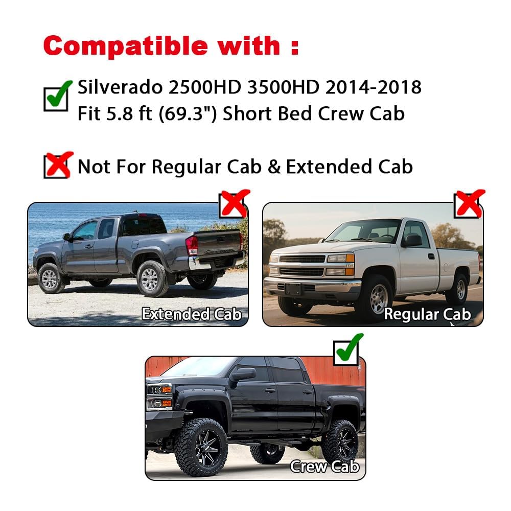 G-PLUS Fender Flares 4 PCS Textured Pocket Riveted Compatible with Chevy Silverado 2500HD 3500HD 2014-2018 (Fit Fleetside with 69.3" Short Bed Crew Cab Models) Wheel Flares Protector Cover