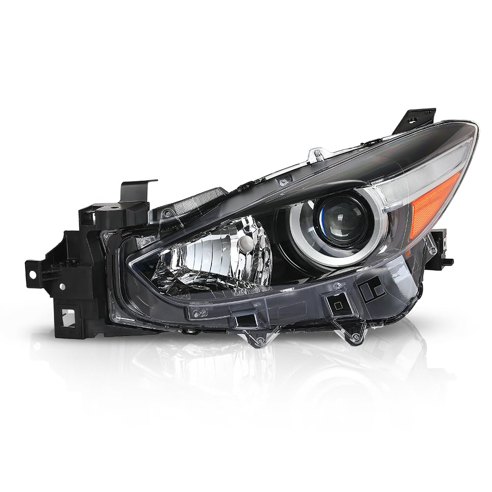 G-PLUS Projector Halogen Headlight LH Driver Side Compatible with Mazda 3 2017-2018 4-Door Sedan & Hatchback Clear Lens Black Housing Amber ReflectorBumper Headlamps,faros delanteros