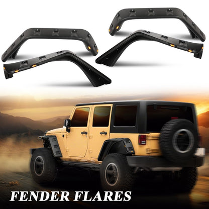 G-PLUS Fender Flares w/LED Side Maker Compatible with Jeep JK Wrangler 2/4 Door Model 2007-2018 Smooth Pocket Riveted 4 PCS Black