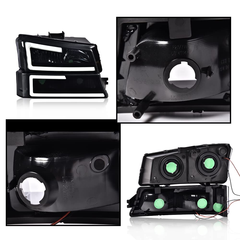 G-PLUS LED DRL Headlights Assembly & Tail Lights Fit Chevy Silverado 1500 1500 HD 2500 2500 HD 2003-2006, Smoky Lens Black Housing Clear Reflector Headlamps Assembly Red Taillights