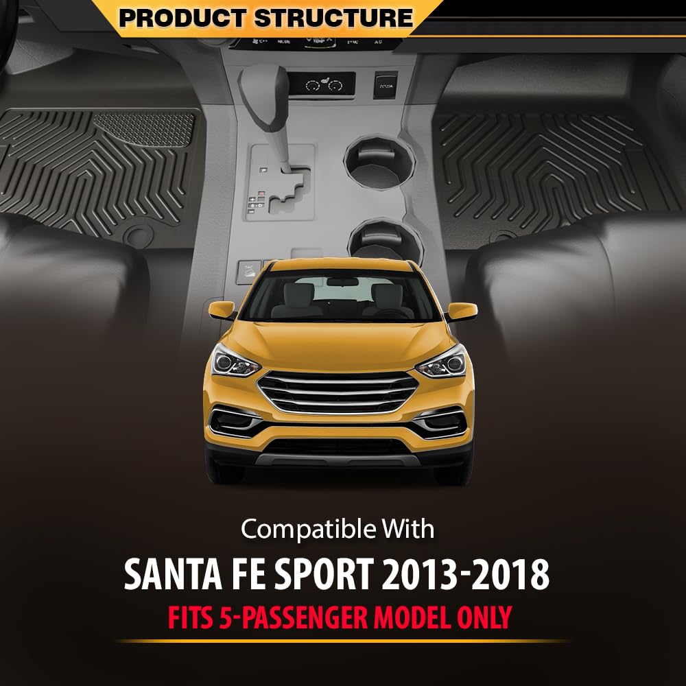 TPE Cargo Mats, Compatible with Santa Fe Sport 2013-2018 (Fits 5-Passenger Model Only), 1st & 2nd Row 3PCS, All Weather Full Cover Protection, Black Cargo Liner Interior Accessories