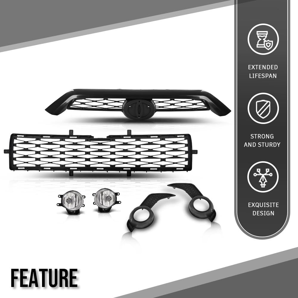 G-PLUS Front Bumper Upper & Lower Grill + Fog Lights Set Compatible with Toyota 4Runner SR5 2014-2019 TO1036148, TO1038173 Black
