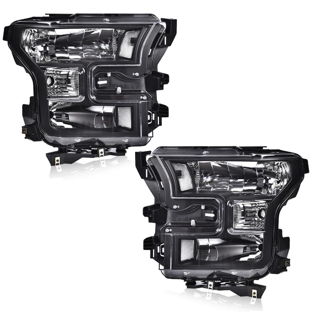 G-PLUS Front Bumper Fog Lights Assembly & Headlights w/o Bulbs Compatible with Ford F150 2015 2016 2017 (White Cover Black Frame White Reflector Headlights + Fog Lamps)