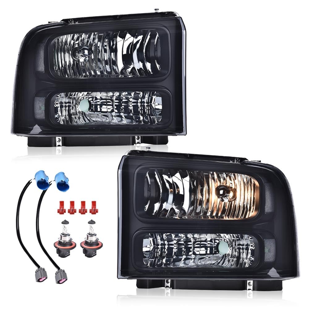 G-PLUS Headlights Fit Ford F250 F350 F450 F550 Super Duty 1999-2004,Not Fit w/Factory Sealed Beam Headlights,Smoky Lens Black Housing Clear ReflectorBumper Headlamps,faros delanteros