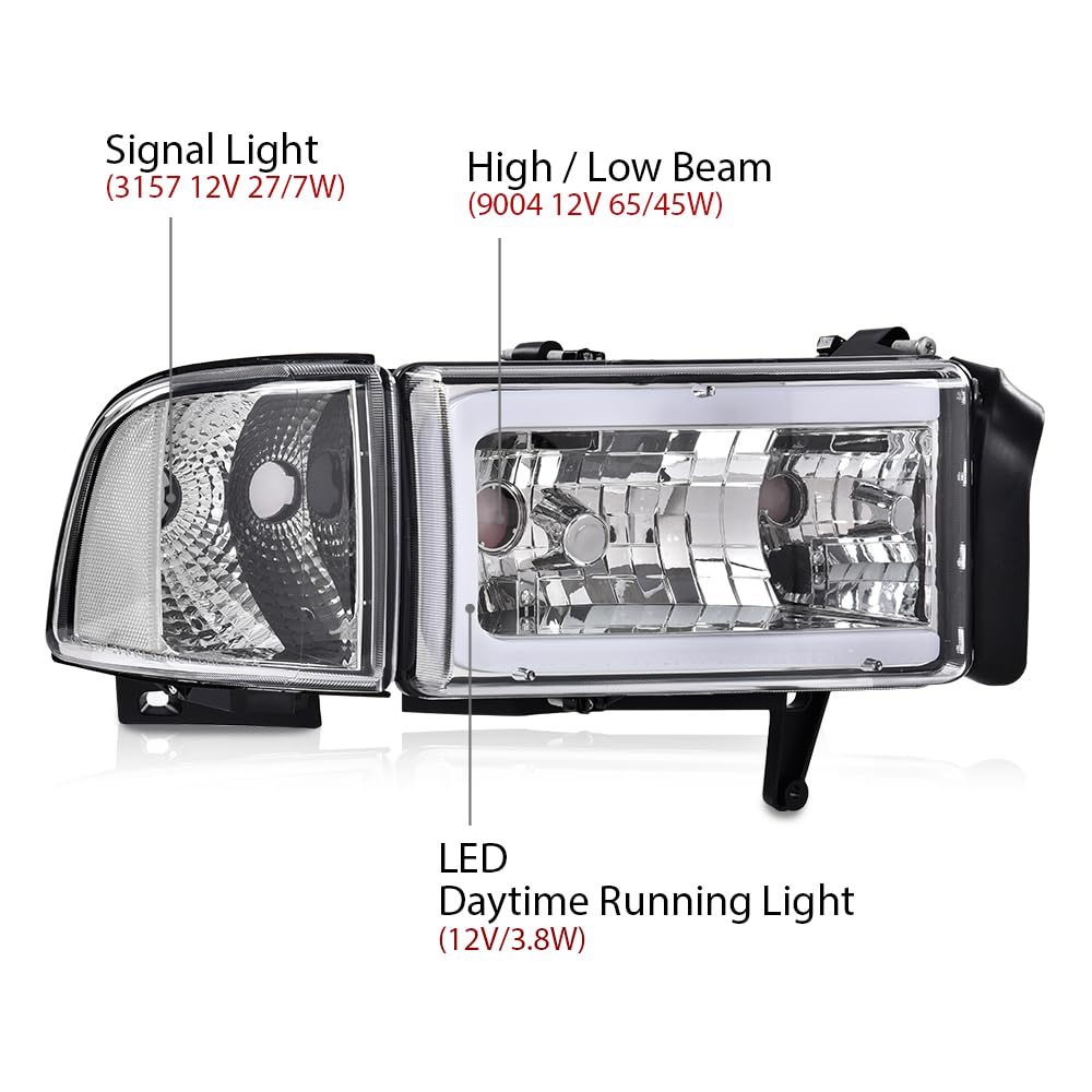 G-PLUS LED Light Strip Headlights w/o Bulbs Fit Dodge Ram 1500 1994-2001/Dodge Ram 2500 3500 1994-2002 w/o Bulbs Clear Lens Chrome Housing Clear Reflector Bumper Headlamps,faros delanteros Assembly
