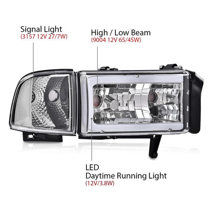 G-PLUS LED Light Strip Headlights w/o Bulbs Fit Dodge Ram 1500 1994-2001/Dodge Ram 2500 3500 1994-2002 w/o Bulbs Clear Lens Chrome Housing Clear Reflector Bumper Headlamps,faros delanteros Assembly