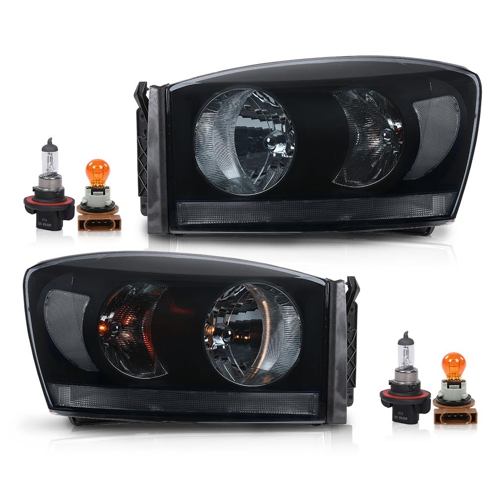 G-PLUS Headlights Assembly w/Bulbs Light Bar Left and Right Side Compatible with Dodge Ram 1500 2006-2008/Fit Dodge Ram 2500 3500 2006-2009 Smoke Lens Black Housing Clear Reflector